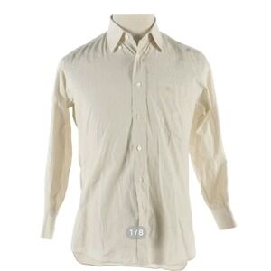Burberry London Mens Striped Button Down Shirt Cream Tan Embroidered Logo Medium
